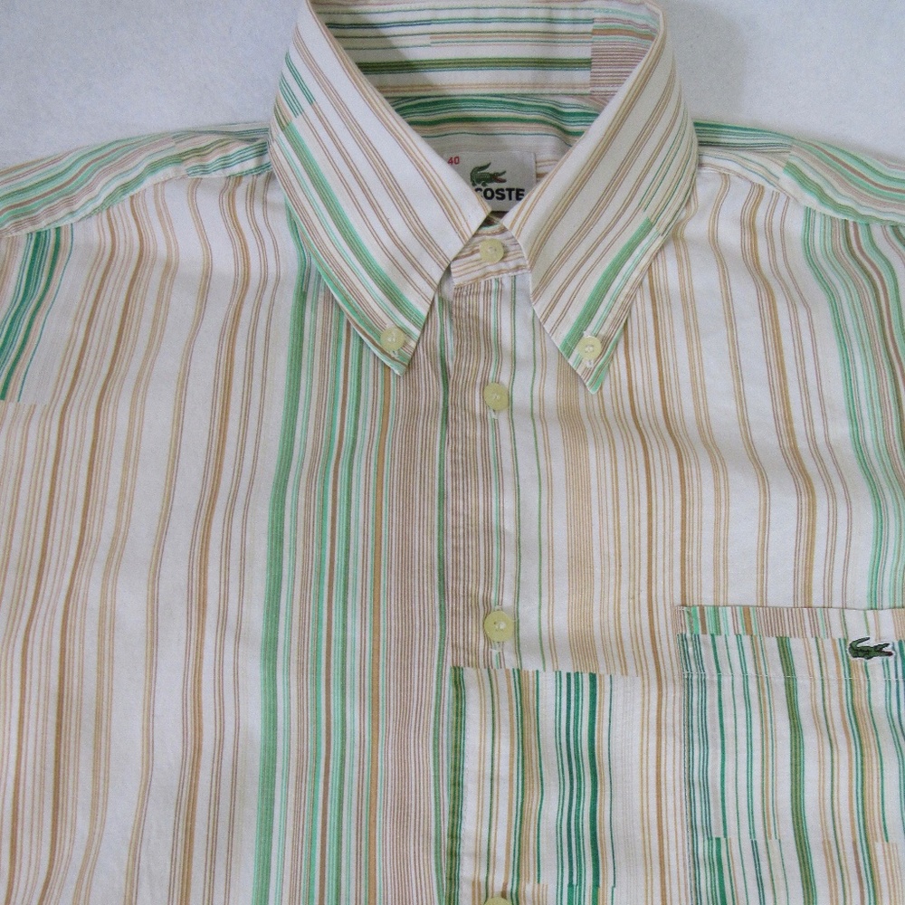 Lacoste Shirt Men 40 or Sz M Green Orange Color block Regular Fit Button Down